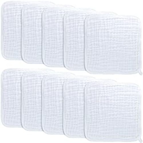 Baby Washcloths, Muslin Cotton Towels, Large 10”x10” Wash Cloths Soft on Sensitive Skin, Absorbent for Boys & Girls, Newborn Baby & Toddlers Essentials Shower Registry Gift (White, Pack of 10)