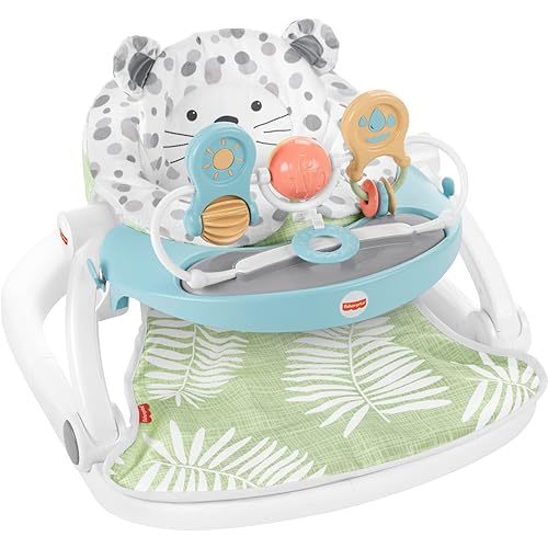 Fisher-Price Portable Baby Chair Deluxe Sit-Me-Up Floor Seat with Feeding Tray & Activity Toy Bar, Snow Leopard