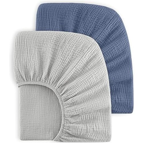Bearmoss Muslin Crib Sheets 100% Cotton Baby Crib Sheets Fitted for Standard Crib Mattress & Toddler Bed Mattress 52"x28" Soft Breathable Crib Sheet Neutral for Boys Girls - 2 Pack (Blue Elephant)