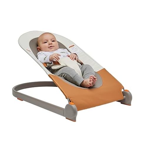 Boon Slant Portable Baby Bouncer - Folding Baby Seat for Infants - Lightweight Portable Baby Chair with Machine Washable Fabric and 3-Point Harness - Tan