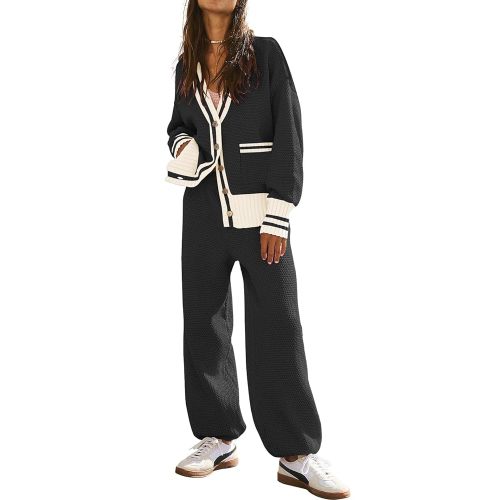 ETCYY NEW Women's 2 Piece Outfit Lounge Set Trendy Cardigan Sweater Pants Sets V Neck Button Pocket Knit Matching Loungewear