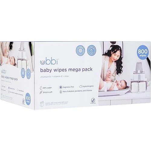 Ubbi Fragrance-Free Baby Wipes, 99% Water Based, Plant Based Wipes, Hypoallergenic for Sensitive Skin with Chamomile, Vitamin E & Aloe, EWG Verified, Value Pack, 800 Count