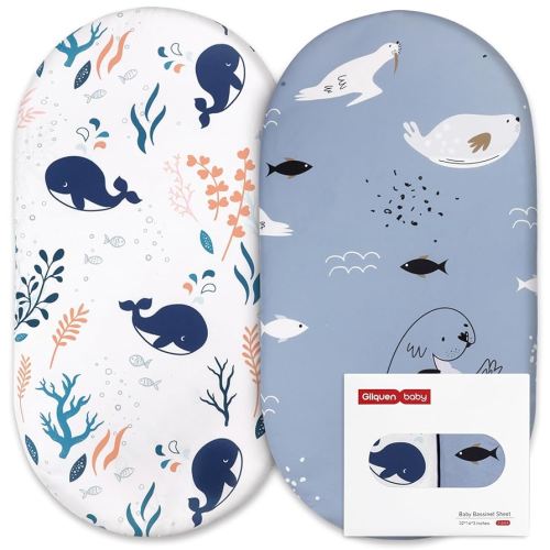 Gllquen Baby Bassinet Sheets Set 2-Pack, Breathable Cozy Bassinet Fitted Sheet Universal Fit Standard Mattress Oval Rectangle Cradle Baby Sheets for Baby Boy Girls Unisex 32"x16" (Sea Lions)