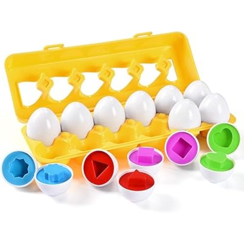 MAGIFIRE Toy Eggs for Toddlers 1-3 - 12 Matching Plastic Eggs, Medium, Assorted Colors & Shapes - Montessori Matching & Sorting Set STEM Educational