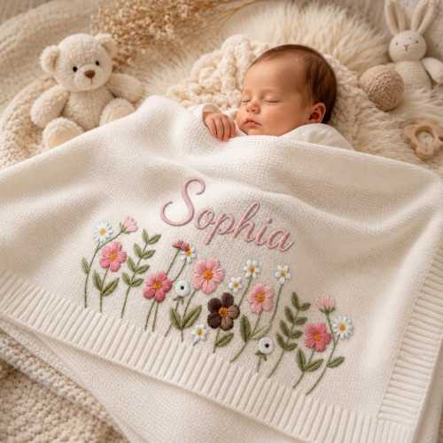Personalized Floral Baby Blanket, Custom Embroidered Knit Name Blanket, Welcome Baby Nursery Keepsake, Newborn Gift
