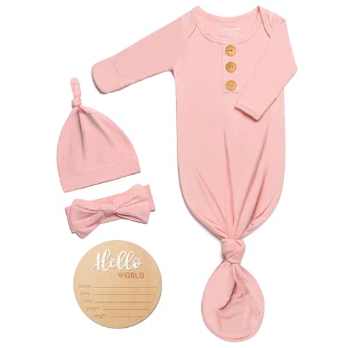Soft Baby Knot Gown 0-3 Months, Newborn Announcement Sleepers With Mitten Cuffs and Personalized Wooden Name Tag