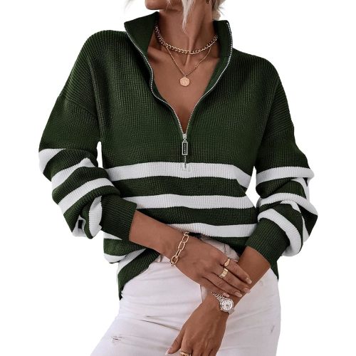 BTFBM Women 2025 Casual Long Sleeve Zip Striped Pullover Sweaters V Neck Collar Ribbed Knit Fall Winter Slouchy Jumpers