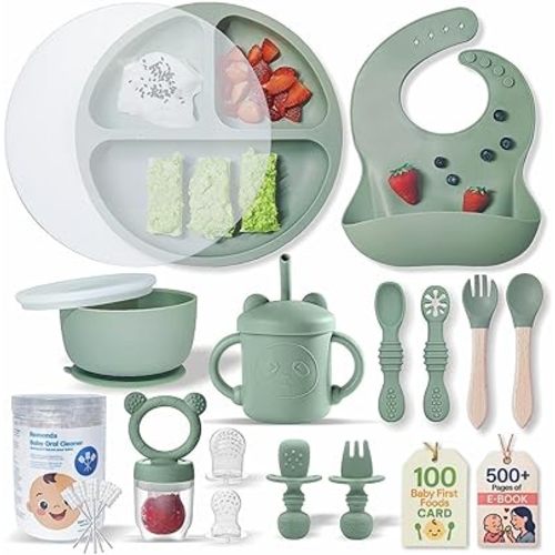 BPA-Free Silicone Baby Feeding Set | Extra Large Suction Plates, Toddler Bowls, Self Feeding Utensils, and More | Dishwasher Safe| Baby Led Weaning Supplies (Green)