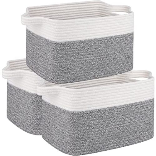 OIAHOMY 3 Pack Storage Basket for Organizing, 13''X9.85''X8.7'' Storage Bins,Woven Basket Basket with Handles, Toy Storage Basket Bin,Stylish Room Decor Basket, White & Grey variegated