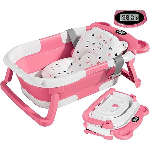 TPN Collapsible Baby Bathtub for Infants to Toddler with Real-time Temp Monitor+Floating Cushion,Foldable Baby Bath Tub Set Applicable 0-36 Month,Perfect Portable Travel Baby Tub for Newborns Girl