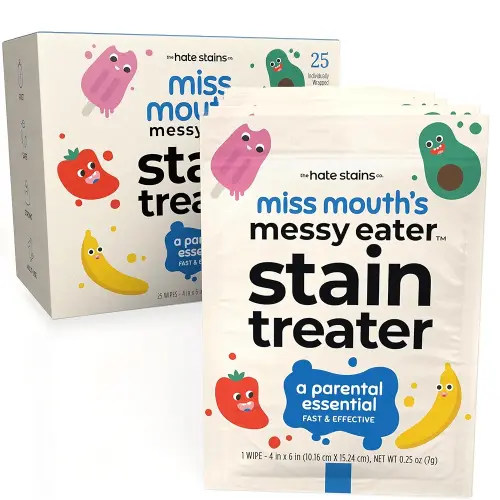 Miss Mouth's Messy Eater Stain Treater Wipes - 25 Pack Stain Remover - Newborn & Baby Essentials - No Dry Cleaning Food, Grease, Coffee Off Laundry, Underwear, Fabric