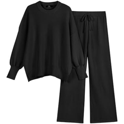 LILLUSORY Women 2 Piece Outfits Sweatsuit Oversized Knit Pullover Sweater Tops Wide Leg Pants Lounge Set
