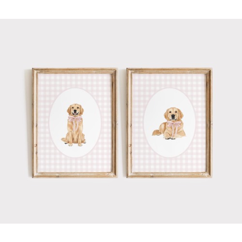 Golden Retriever Print Set Nursery Decor, Watercolor Dog Nursery Print, Baby Girl Nursery, Pink Gingham Wall Prints Dog, Coquette Pink Bow