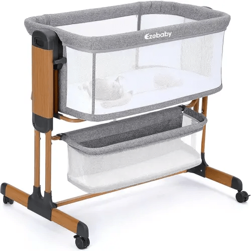 Ezebaby 3-in-1 Baby Bassinet, Rocking Baby Bassinets Bedside Sleeper, Adjustable Portable Crib for Newborn Infant with Wheels Storage Basket and Mesh Sides