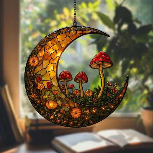 Enchanted Crescent Moon Suncatcher with Mushrooms and Flowers, Acrylic Hanging Art for Fairycore or Cottagecore Room Decor