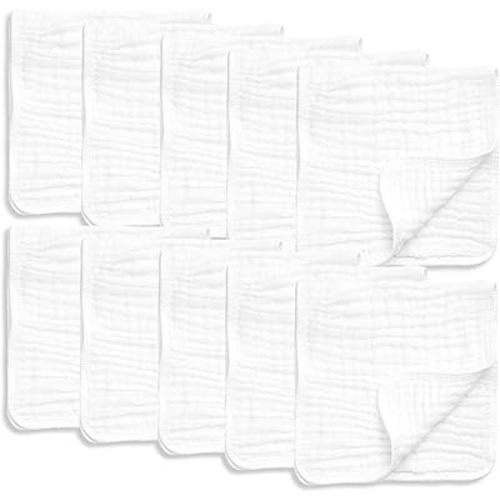 AllSett Health 10 Pack Muslin Burp Cloths Large 20" by 10" 100% Cotton, Hand Wash Cloth 6 Layers Extra Absorbent and Soft White