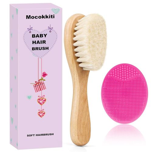 Baby Hair Brush, Goat Bristles Brush and Rose Red Baby Silicone Brush Set for Cradle Cap Wood Bristle Brush for Newborns and Toddlers (2 Piece)
