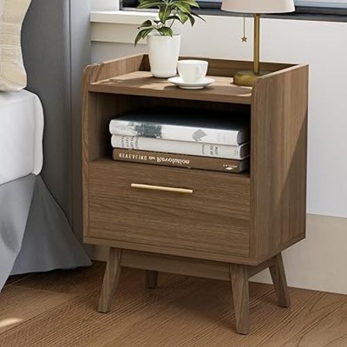Night Stand with Drawer & Open Storage Shelf, Small Wooden Nightstand with Raised Edge, Mid Century Modern Side Table with Solid Wood Feet, Metal Handle for Bedroom Walnut