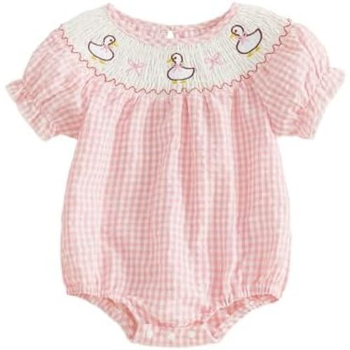 Baby Girl Silly Goose Romper Newborn Summer Outfit Embroidery Bow Short Sleeve Smokced Gingham Bodysuit