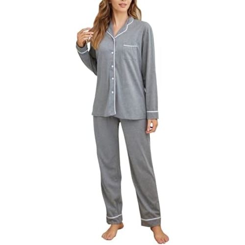 Tugege Pajamas Set Long Sleeve Sleepwear Womens Button Down Nightwear Pj Sets