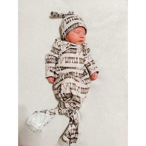 baby gown, knotted gown, tie gown with hat, western gown, baby going home outfit, baby gown home outfit, baby gown set,western, brother gown