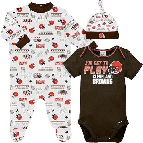 Gerber NFL Baby Boy Pack Footie Registry Gift 3 Piece Bodysuit Sleep n Play and Cap Set, Team Color, 0-3 Months US