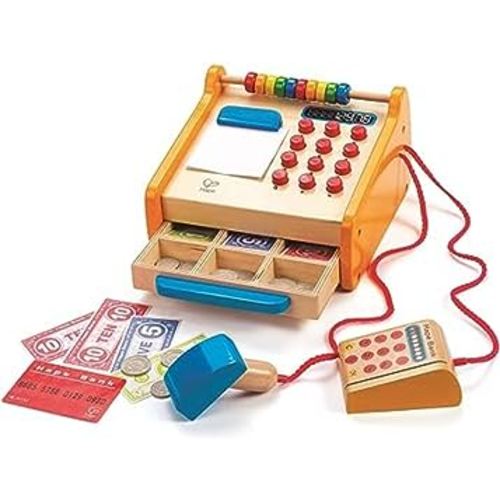 Hape Checkout Register Kid's Wooden Pretend Play Set Yellow, L: 7.6, W: 7.9, H: 4.8 inch