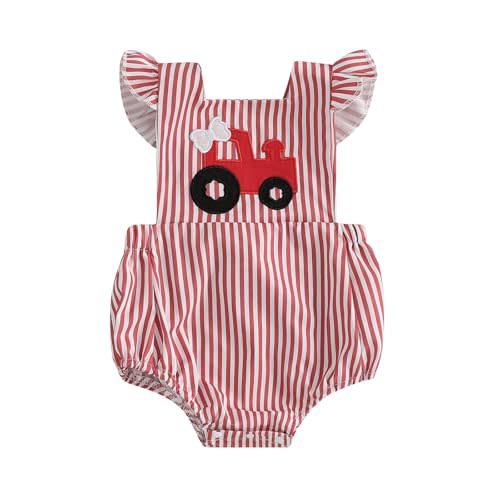 Lenjindjer Infant Baby Girl Summer Outfits Ruffle Sleeveless Romper Bow Tractor Embroidery Striped Bodysuit Newborn Clothes