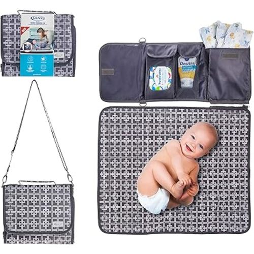 Graco Portable Baby Diaper Changing Table Pad Bag with Wipe & Travel Essentials Pockets - Deluxe Compact Clean Padded Infant Changer Mat - Unisex Grey