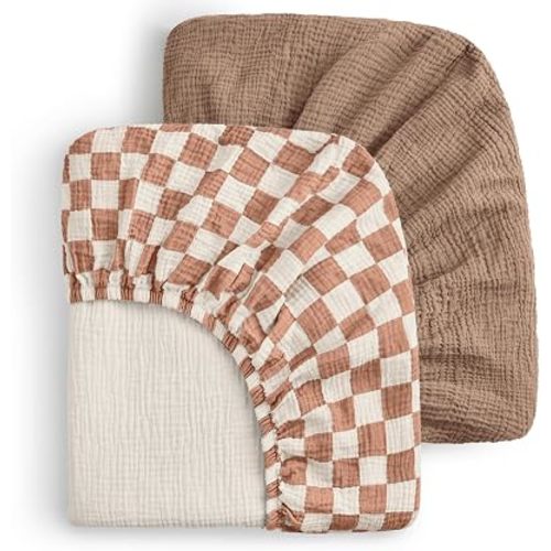 Blissful Diary Muslin Crib Sheets for Girl Boy, Boho Neutral Soft Cotton Baby Sheet for 52''x28'' Standard Crib Mattress, 2 Pack(Brown Checkboard & Brown)