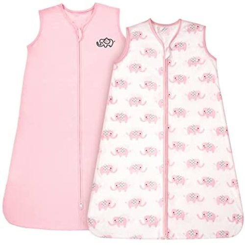 TILLYOU Sleep Sack - Cotton Wearable Blanket Baby 2-Pack Set, Fits Infant Newborn Ages 0-6 Months, Pink Elephant