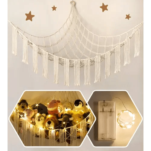 Stuffed Animal Hammock Corner with LED Light - Toy Storage Hammock Plushie Net Large - Cute Stuff Animals Holder Hanging Organizer - Baby Room Decor Kids Toddler Nursery Bedroom Boho