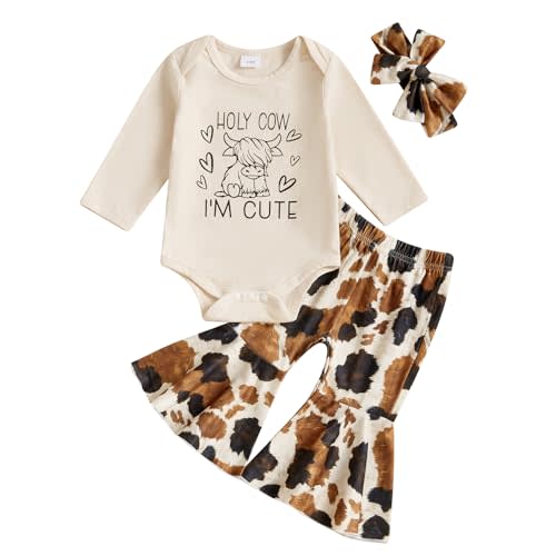 Omkzanbi Western Baby Girl Clothes Holy Cow I'm Cute Bodysuit Cow Print Flare Pants Bow Cute Cowgirl Bell Bottoms Coming Home