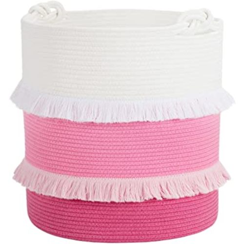 CherryNow Extra Large Woven Storage Baskets – 16'' x 17'' Cotton Rope Decorative Pink Hamper for Nursery, Toys, Blankets, and Laundry, Cute Tassel Nursery Décor for Baby & Girl