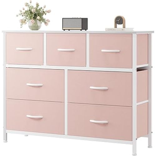 Sweetcrispy 7 Drawer Dresser with Fabric Bins, Fabric Storage Tower Organizer for Bedroom, Closet, Hallway, Entryway, Tall Chest of Drawers with Steel Frame, Wood Top, Large Storage, Pink