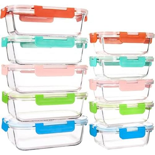 10 PACK Glass Food Storage Containers with Leak Proof Lids, (Multicolor)