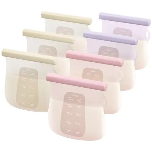 JellyRuru 7 PCS Reusable Breast Milk Storage Bags, 8.5oz 250ml Standard Silicone Breastmilk Freezer Storage Container, Leak-Proof & Self-Standing Milk Bags, Baby Food Bags
