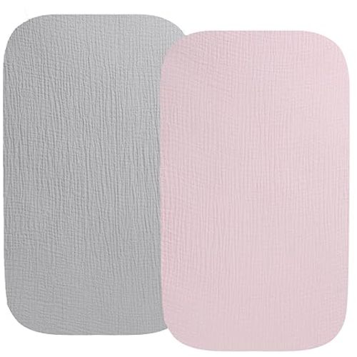 Muslin Bassinet Sheet Compatible with AMKE 3 in 1 Bassinet(35 X 20), Milliard, TCBunny Bassinet, 2 Pack Cotton Stylish Boho Fitted Bassinet Sheets for Baby Grey & Pink