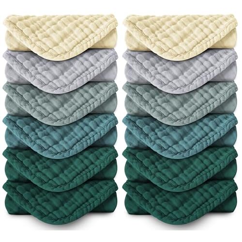 Spotted Play Muslin Burp Cloths 100% Cotton Large 20''x10'' Extra Soft and Absorbent Baby Wash Cloths Spit Up Rags - Baby Burping Cloth for Boys Girls Items(12 Pack Ivory, Slate and Emerald Series)