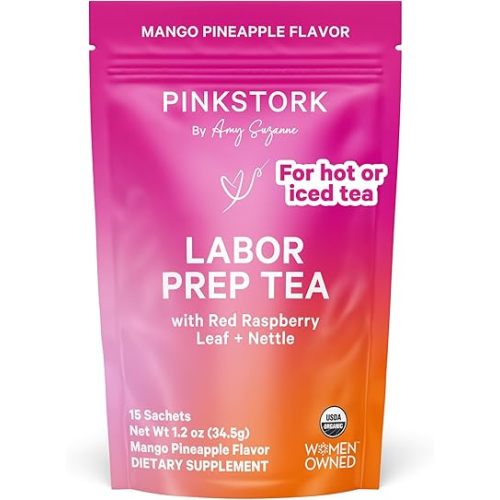 Pink Stork Organic Red Raspberry Leaf Labor Prep Tea - Mango-Pineapple with Nettle, and Moringa - Third Trimester Pregnancy Tea - Labor and Delivery Essentials for Women, 30 Cups