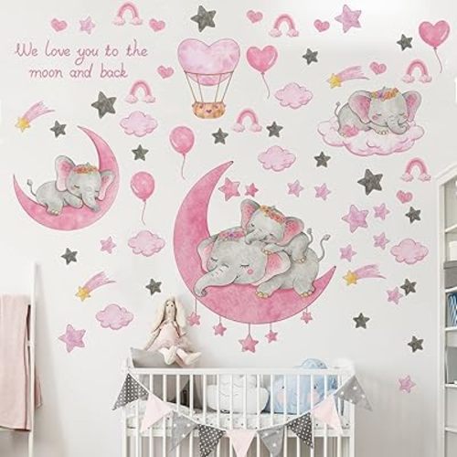 Baby Girl Nursery Wall Decor - Elephant & Moon & Stars Wall Decal, Baby Room Decor