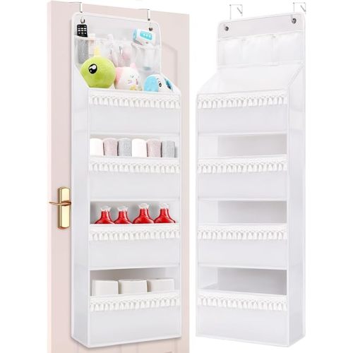 Over the Door Hanging Organizer Storage - 4 Shelf Hanging Storage with Tassels, Nursery Hanging Organizer, Anti-Tilt Behind the Door Organizer for Bathroom,Bedroom,Kitchen,Dorm,1 Pack, White