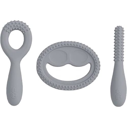 ezpz Oral Development Tools - 3 Months+ (3 Pack in Gray) - Non-Slip Loop, Smile and Stick, 100% Silicone Tools to Practice Feeding + Chewing - Sensory Bumps - Dishwasher Safe