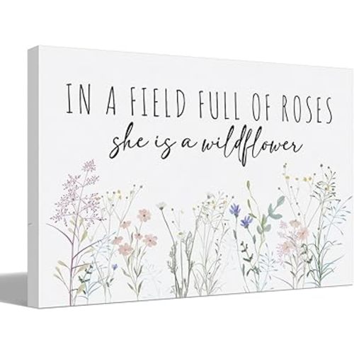 BIWSHA Spring Decor,In a Field Full of Roses She Is a Wildflower Wall Print,Inspirational Wall Art,Girls Bedroom Girl Nursery Decor,Wall Canvas Art Decor for Baby Room Living Room 14x11 Inch