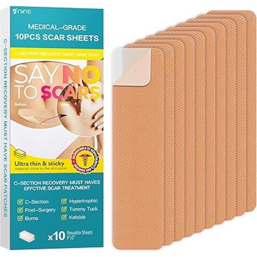 C Section Recovery Silicone Scar Sheets 2in x 8in 10ct | Reuseable Extra Long Scar Strips for Reducing the Appearance of Keloid Bump,Stretch Marks,Burn,Acne,Surgical Scar Removal