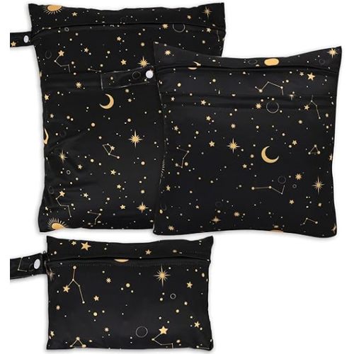 3pcs Cloth Diaper Wet Dry Bags Waterproof Reusable Wet Bag with 2 Zipper Pockets & Handle Washable Laundry Bags for Travel Beach Pool Daycare Yoga Gym Exercise Swimsuits