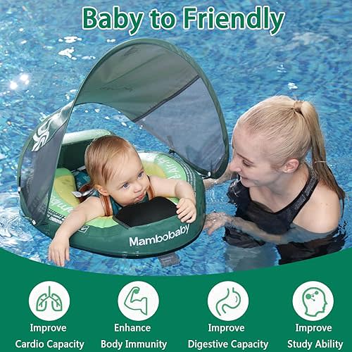 2025 New Mambobaby Float, Baby Floats with Canopy for Infants 3-24 Months, Non-Inflatable Pool Floats with Adjustable Safety Strap & Upgrade Tail, Waist Swimming Ring for Toddler, Avocado Green