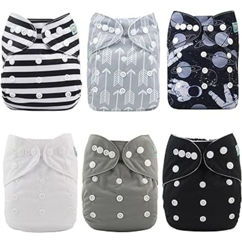 ALVABABY Baby Cloth Diapers 6 Pack + 12 Inserts One Size Adjustable Washable Reusable for Baby Girls and Boys 6DM08-DA