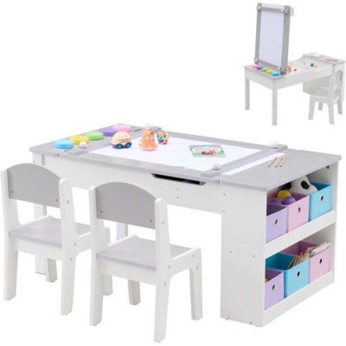 3 in 1 Kids Art Table & Easel Set with 2 Chairs, Wooden Children Activity Table and Chair Set with 6 Storage Bins, Paper Roller, Paint Cups for Draw, Write, Play, Arts & Crafts