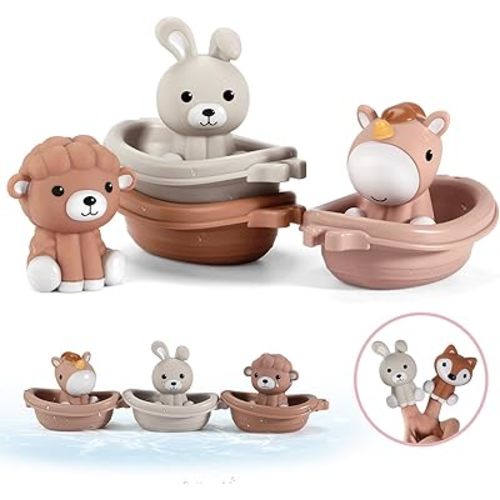 Nueplay Girls Bath Toys for Toddlers 1-3 Years | 6 Pcs with Animal Finger Puppets & Stacking Boat Train| New Baby Girl Gift Set